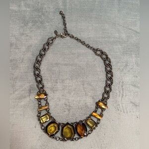 Chico’s bib choker collar style faceted stone topaz/gold, gunmetal chain 15-20”